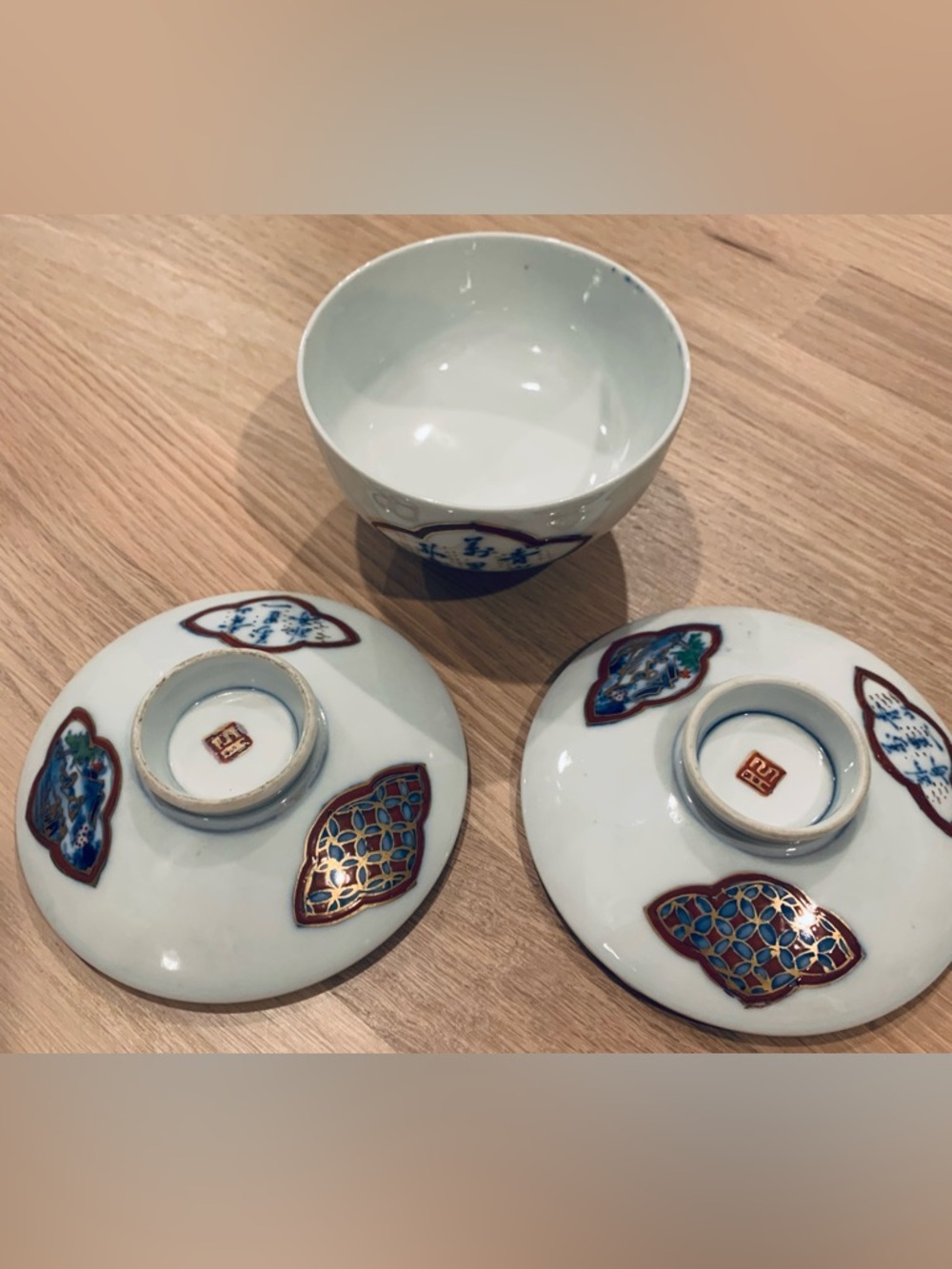 Vintage Japanese Arita Imari Lidded Bowls Mismatched Set
